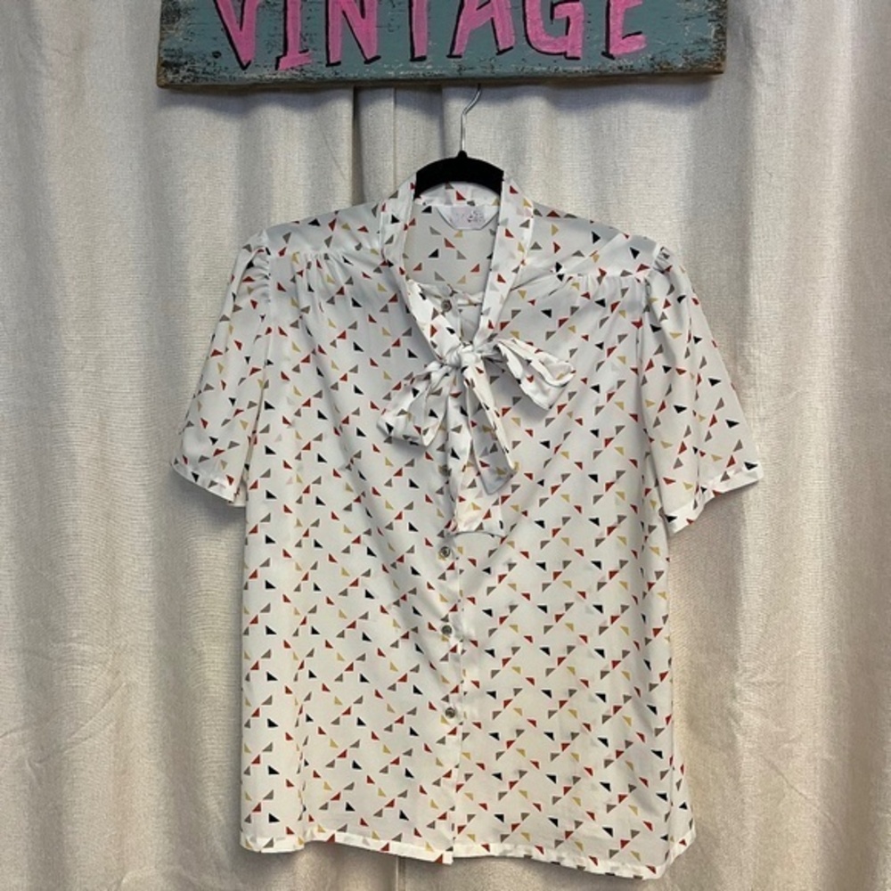 Vintage Retro White Multicolor Neck Tie Bow Semi Sheer Geometric Shapes Blouse